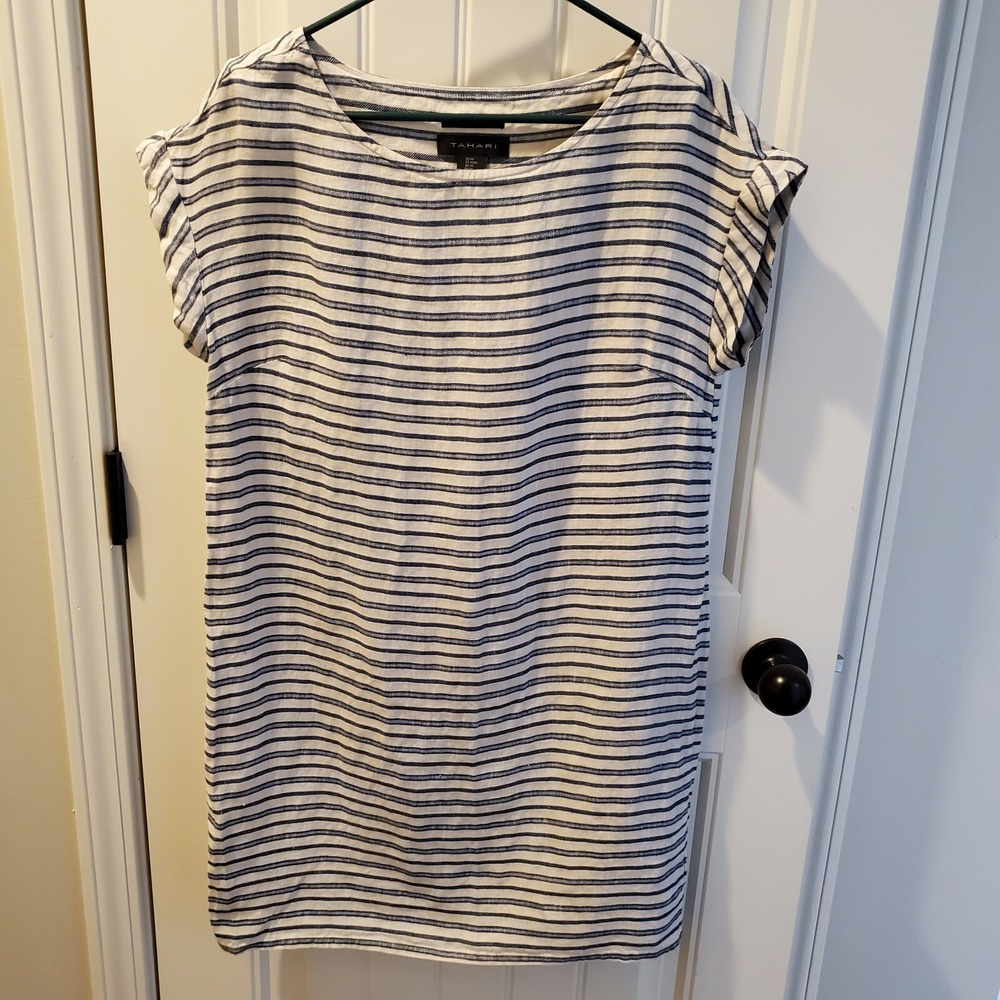 Tahari‎ Linen stripe cap sleeve shift dress cream blue M boat neck